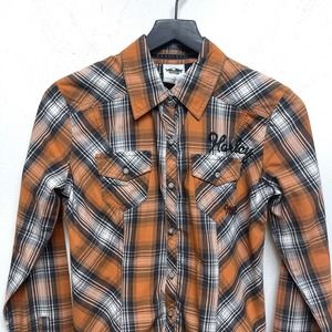 Harley Davidson Shirt Womens S  Long Sleeve Plaid orange black Embroidered
